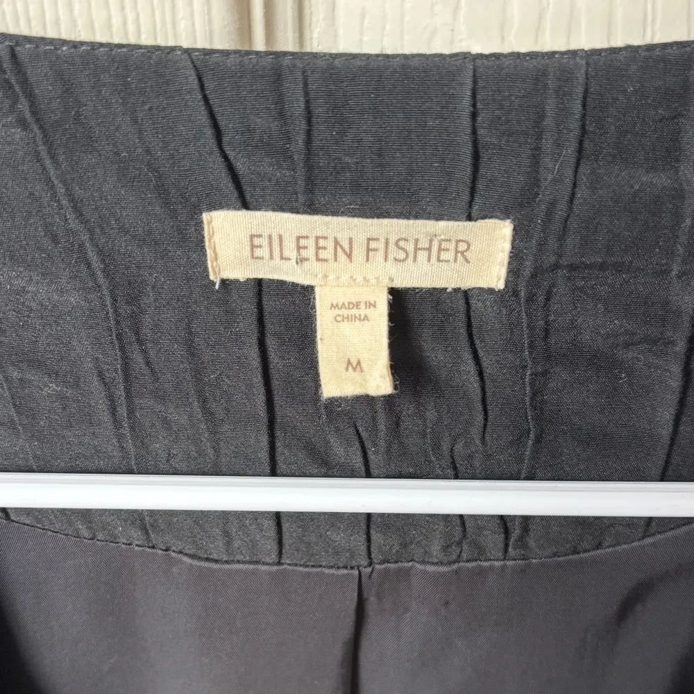 Eileen Fisher crinkle silk textured open Black blazer suit jacket Women MED EUC